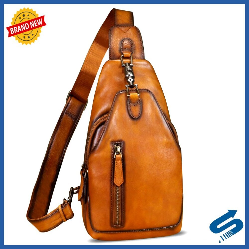 Genuine Leather Crossbody Sling Bag with 5 Pockets Adjustable Strap